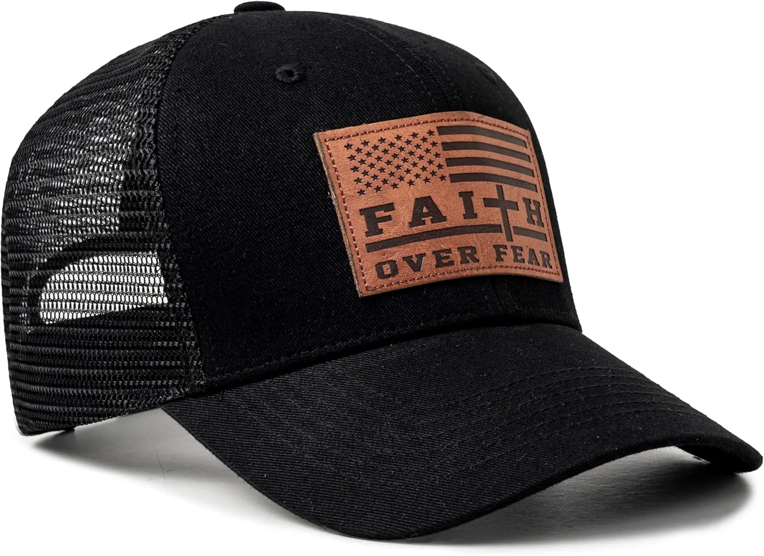 Christian US Flag Hat for Men Women, Faith Over Fear Cross Hat, Jesus USA Flag Leather Patch Adjustable Baseball Cap