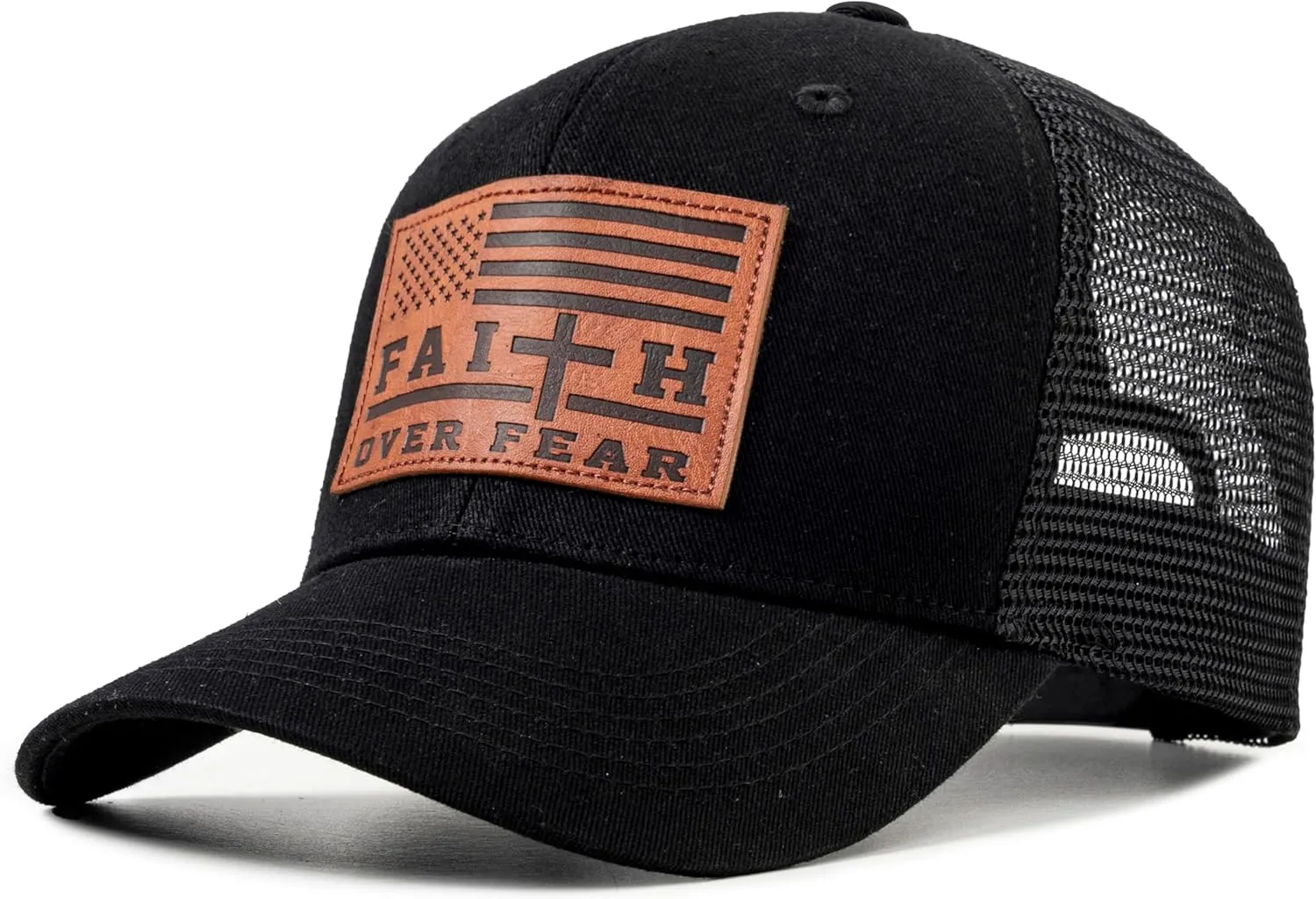 Christian US Flag Hat for Men Women, Faith Over Fear Cross Hat, Jesus USA Flag Leather Patch Adjustable Baseball Cap