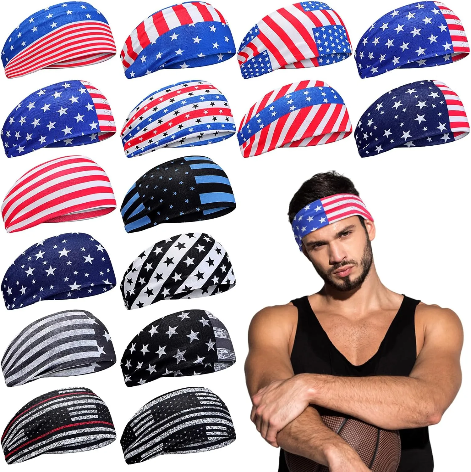 Foaincore 16 Pcs American Flag Headbands for Men Patriotic USA Bandana Moisture Wicking Stretchy Sweatbands for Women 4th of July Workout Running Yoga Sports