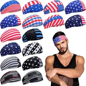 Foaincore 16 Pcs American Flag Headbands for Men Patriotic USA Bandana Moisture Wicking Stretchy Sweatbands for Women 4th of July Workout Running Yoga Sports
