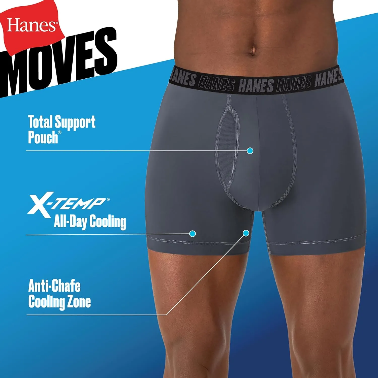 Hanes Men's Moves Performance Boxer Brief, Total Support Pouch, Regular/Trunk/Long Leg, 3-Pack, 8"