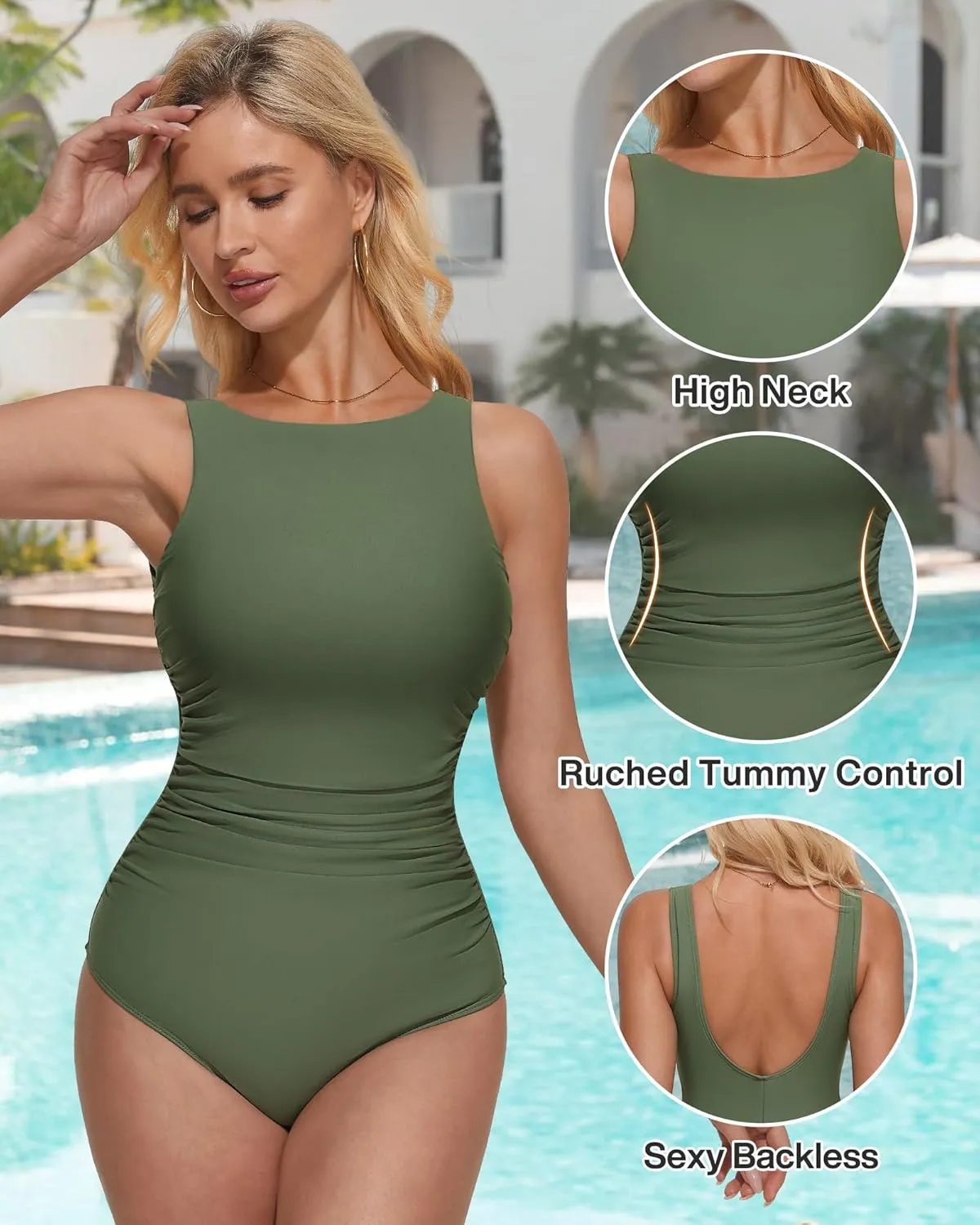 SUUKSESS Women One Piece Ruched Swimsuit Tummy Control Backless Bathing Suit