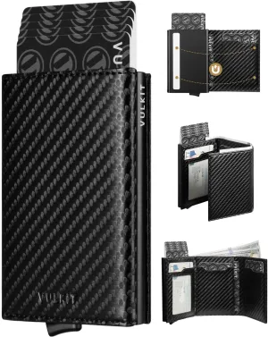 VULKIT Pop up Card Wallet Minimalist Cash Wallets RFID Blocking Leather Smart Credit Card Holder with ID window for Men(Carbon Black)
