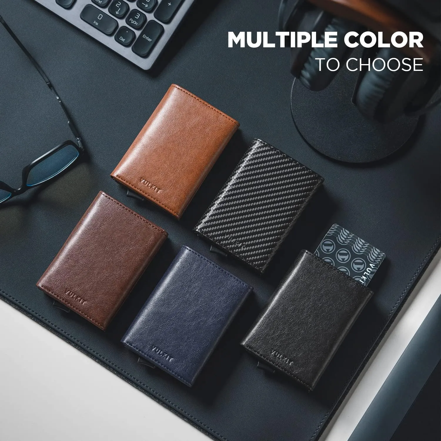 VULKIT Pop up Card Wallet Minimalist Cash Wallets RFID Blocking Leather Smart Credit Card Holder with ID window for Men(Carbon Black)