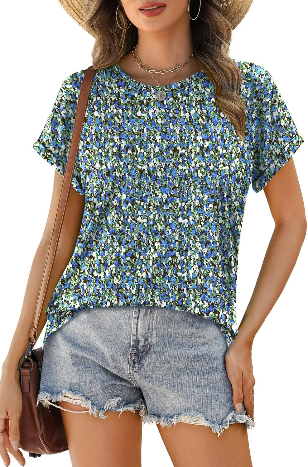 WEESO Womens T Shirts Crew Neck Rolled Short Sleeve Basic Summer Tops 2025 Casual Tees Curved Hem
