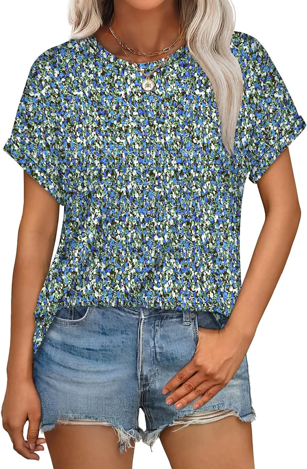 WEESO Womens T Shirts Crew Neck Rolled Short Sleeve Basic Summer Tops 2025 Casual Tees Curved Hem